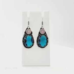 Blue Topaz Rose Chalcedony Handmade Drop Dangle Earrings 2"